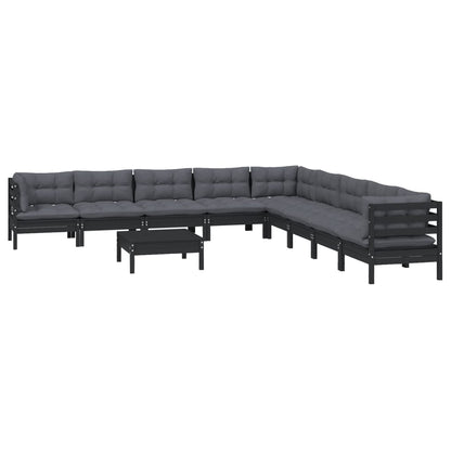 10-tlg. Garten-Lounge-Set mit Kissen Schwarz Massivholz Kiefer