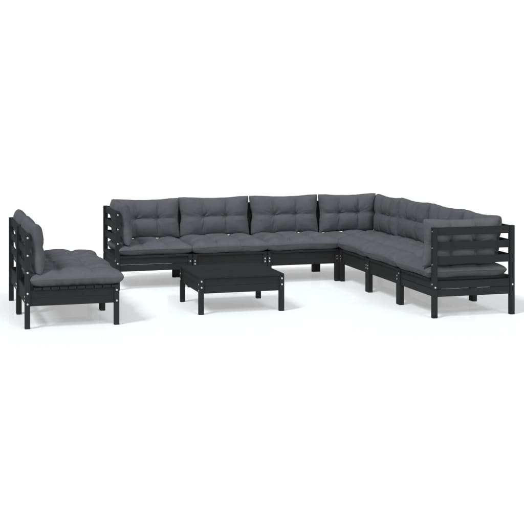 10-tlg. Garten-Lounge-Set mit Kissen Schwarz Massivholz Kiefer