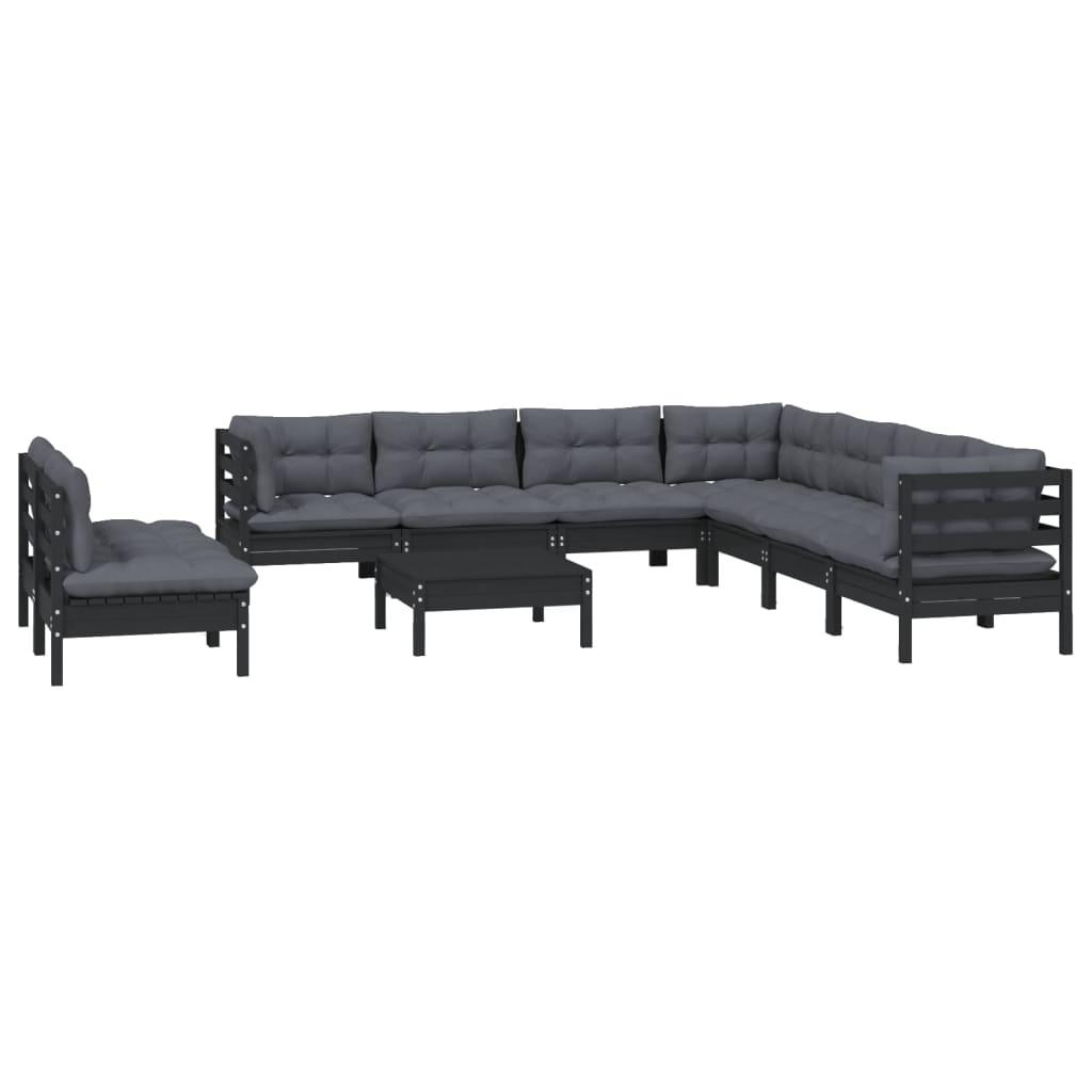 10-tlg. Garten-Lounge-Set mit Kissen Schwarz Massivholz Kiefer