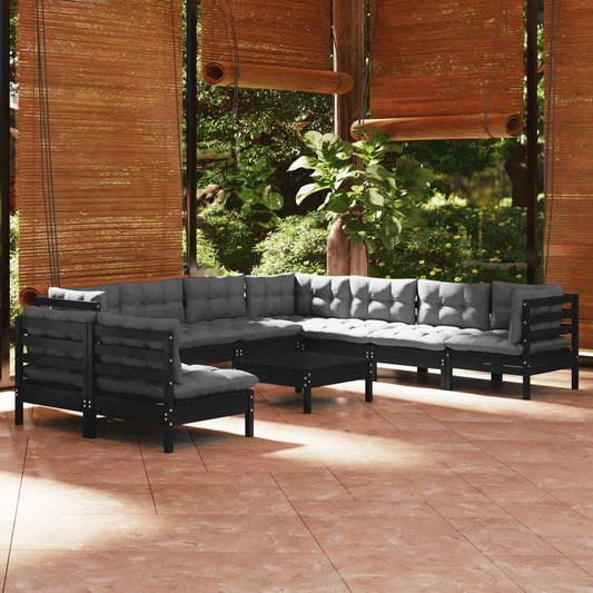 10-tlg. Garten-Lounge-Set mit Kissen Schwarz Massivholz Kiefer