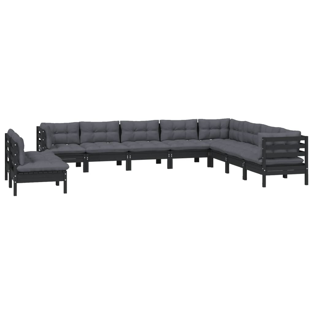 10-tlg. Garten-Lounge-Set mit Kissen Schwarz Massivholz Kiefer