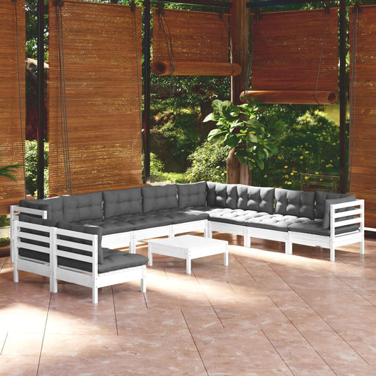 11-tlg. Garten-Lounge-Set mit Kissen Weiß Massivholz Kiefer