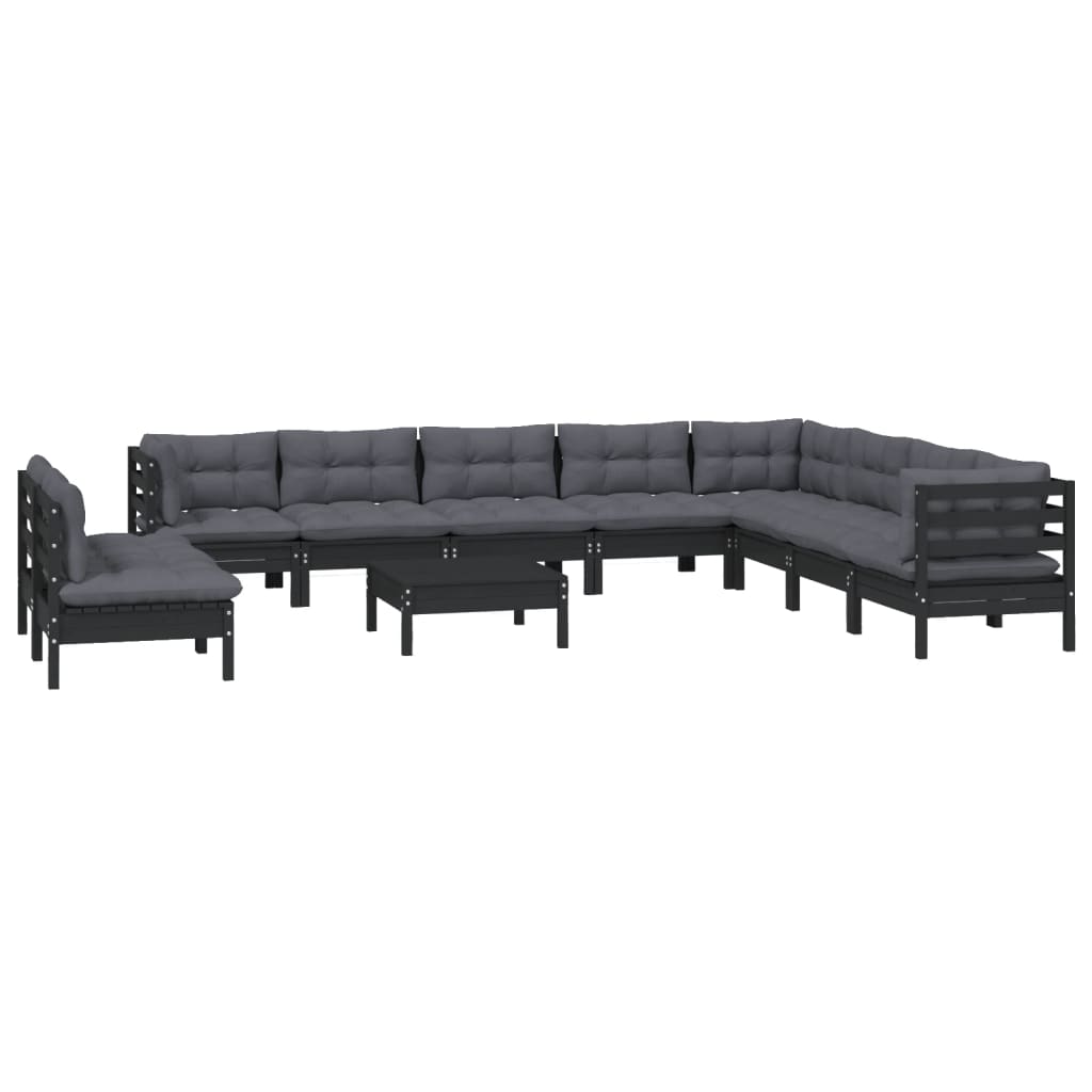 11-tlg. Garten-Lounge-Set mit Kissen Schwarz Massivholz Kiefer