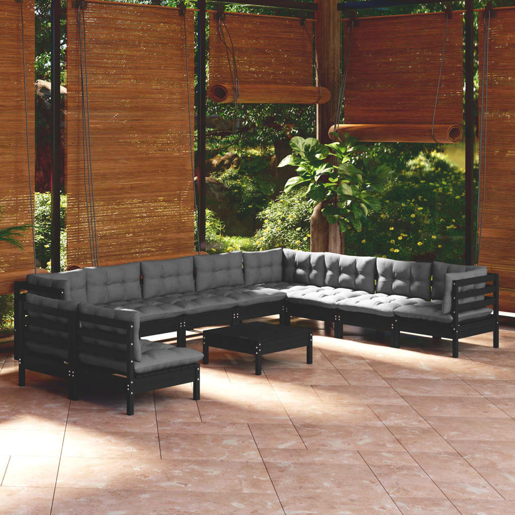 11-tlg. Garten-Lounge-Set mit Kissen Schwarz Massivholz Kiefer