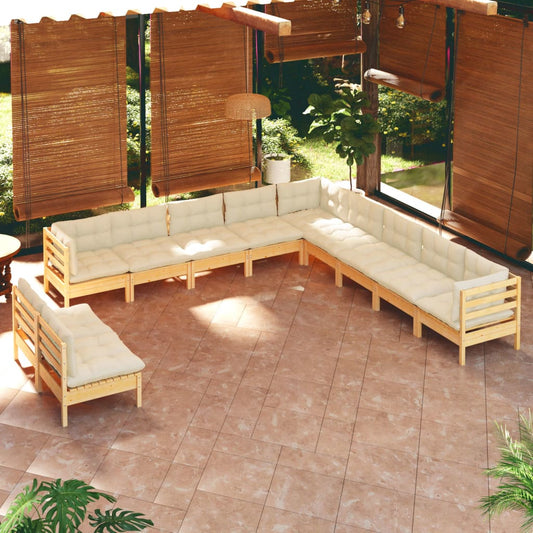 11-tlg. Garten-Lounge-Set mit Creme Kissen Massivholz Kiefer