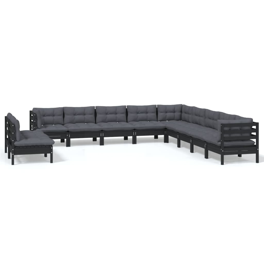 11-tlg. Garten-Lounge-Set mit Kissen Schwarz Massivholz Kiefer