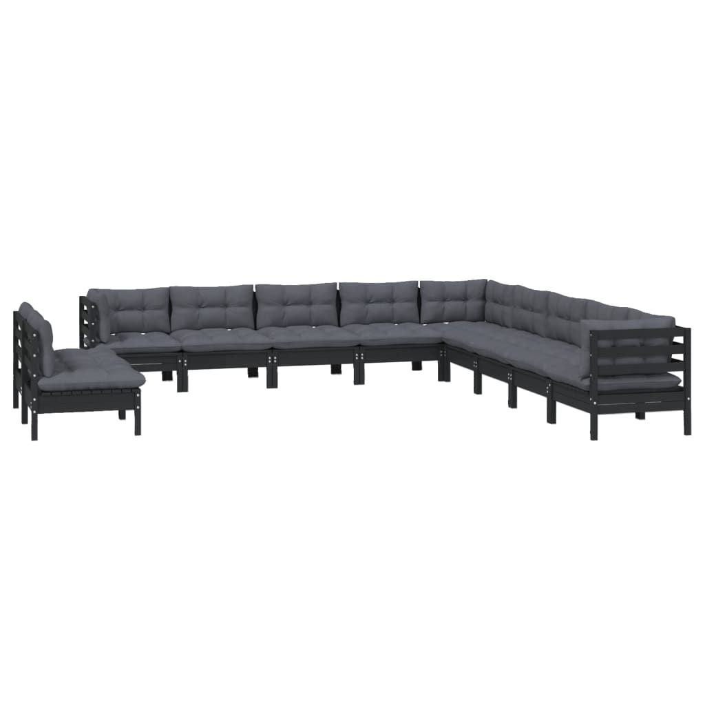 11-tlg. Garten-Lounge-Set mit Kissen Schwarz Massivholz Kiefer