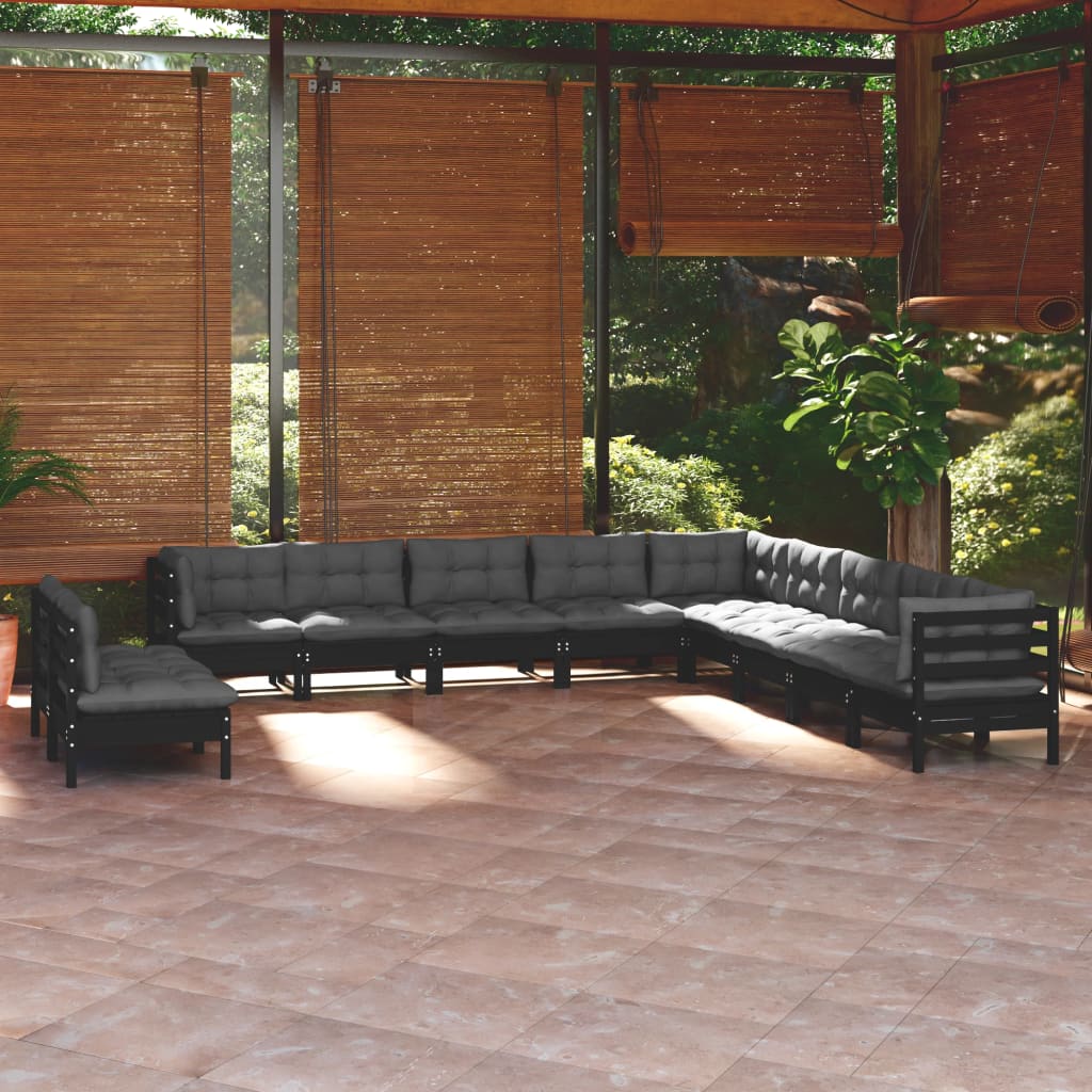 11-tlg. Garten-Lounge-Set mit Kissen Schwarz Massivholz Kiefer