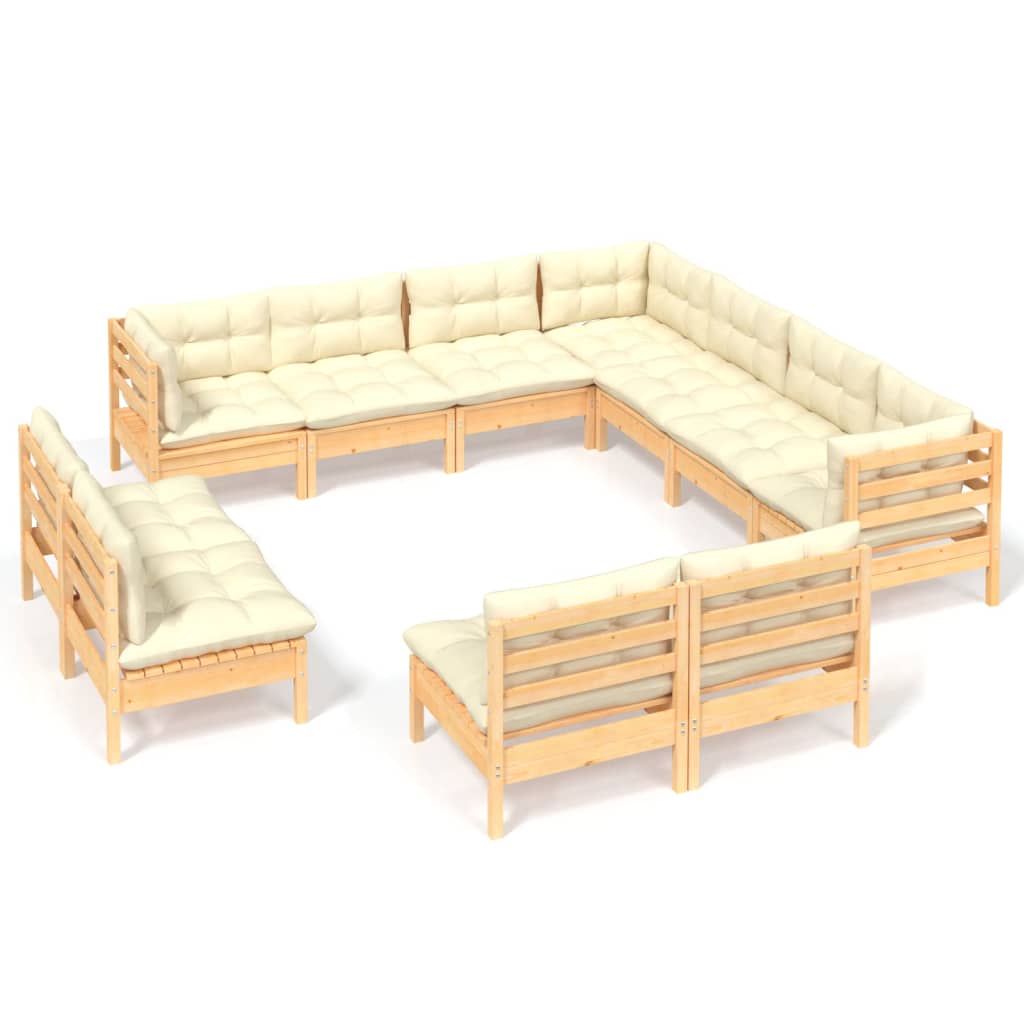 11-tlg. Garten-Lounge-Set mit Creme Kissen Massivholz Kiefer