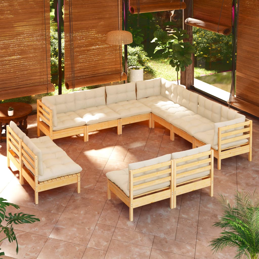 11-tlg. Garten-Lounge-Set mit Creme Kissen Massivholz Kiefer