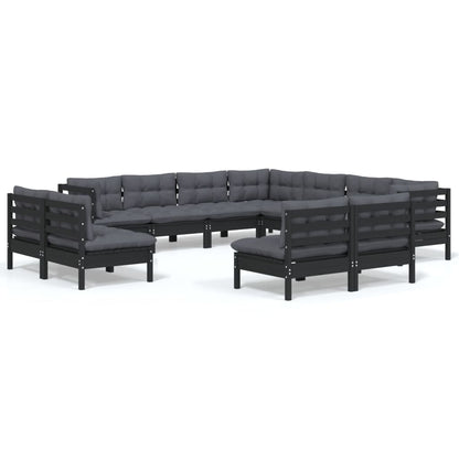 11-tlg. Garten-Lounge-Set mit Kissen Schwarz Massivholz Kiefer