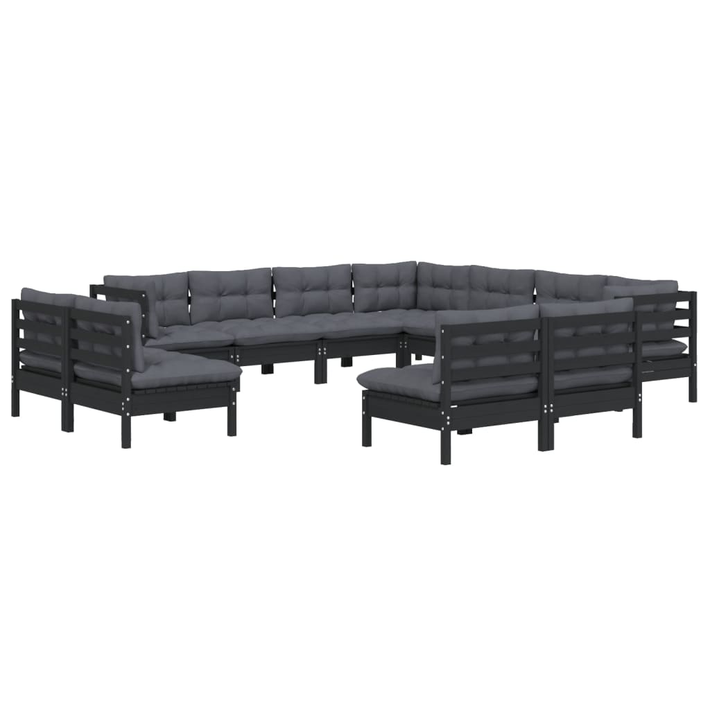 11-tlg. Garten-Lounge-Set mit Kissen Schwarz Massivholz Kiefer