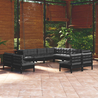 11-tlg. Garten-Lounge-Set mit Kissen Schwarz Massivholz Kiefer