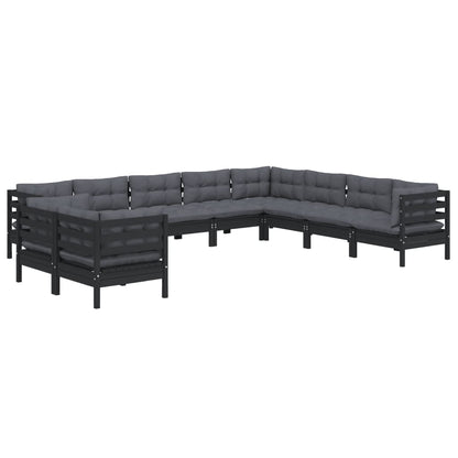 10-tlg. Garten-Lounge-Set mit Kissen Schwarz Massivholz Kiefer