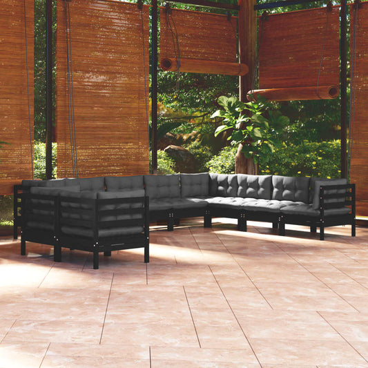 10-tlg. Garten-Lounge-Set mit Kissen Schwarz Massivholz Kiefer