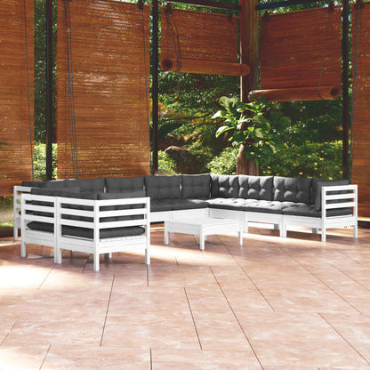 11-tlg. Garten-Lounge-Set mit Kissen Weiß Massivholz Kiefer