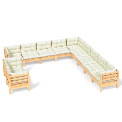 11-tlg. Garten-Lounge-Set mit Creme Kissen Massivholz Kiefer