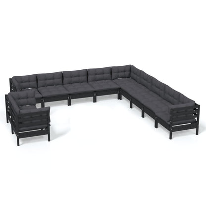 11-tlg. Garten-Lounge-Set mit Kissen Schwarz Massivholz Kiefer