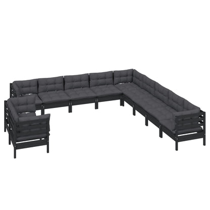 11-tlg. Garten-Lounge-Set mit Kissen Schwarz Massivholz Kiefer