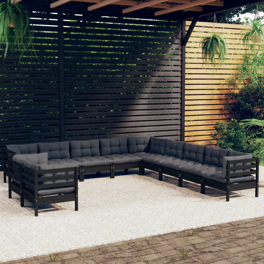 11-tlg. Garten-Lounge-Set mit Kissen Schwarz Massivholz Kiefer