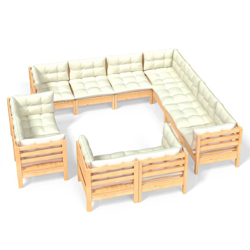 11-tlg. Garten-Lounge-Set mit Creme Kissen Massivholz Kiefer