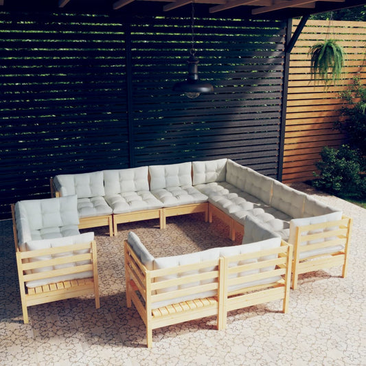 11-tlg. Garten-Lounge-Set mit Creme Kissen Massivholz Kiefer