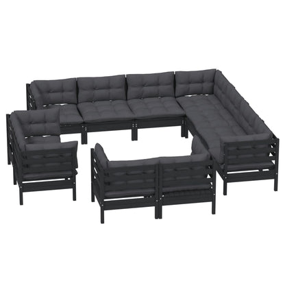 11-tlg. Garten-Lounge-Set mit Kissen Schwarz Massivholz Kiefer