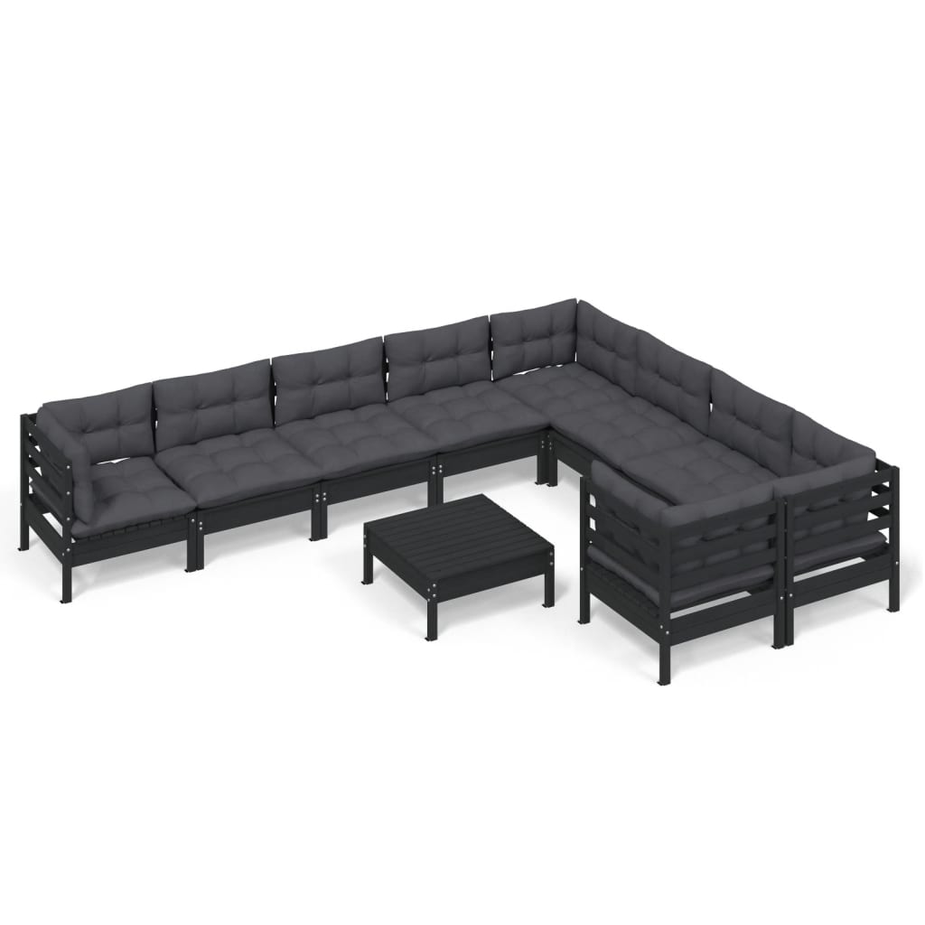 10-tlg. Garten-Lounge-Set mit Kissen Schwarz Kiefernholz