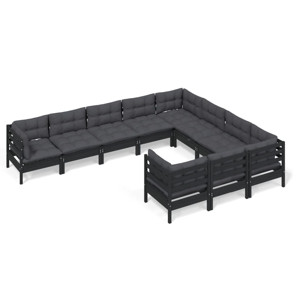 10-tlg. Garten-Lounge-Set mit Kissen Schwarz Kiefernholz