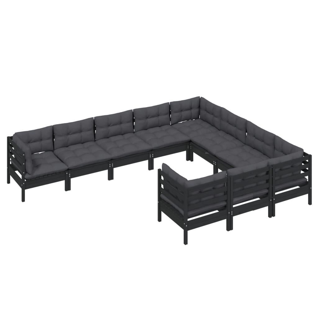 10-tlg. Garten-Lounge-Set mit Kissen Schwarz Kiefernholz