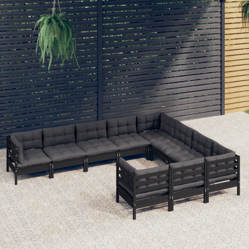 10-tlg. Garten-Lounge-Set mit Kissen Schwarz Kiefernholz