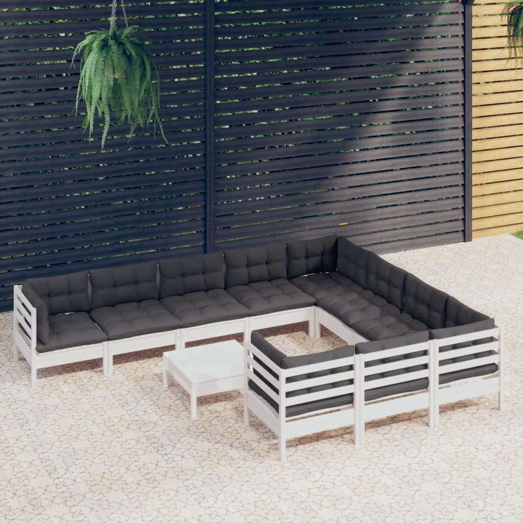 11-tlg. Garten-Lounge-Set mit Kissen Weiß Kiefernholz