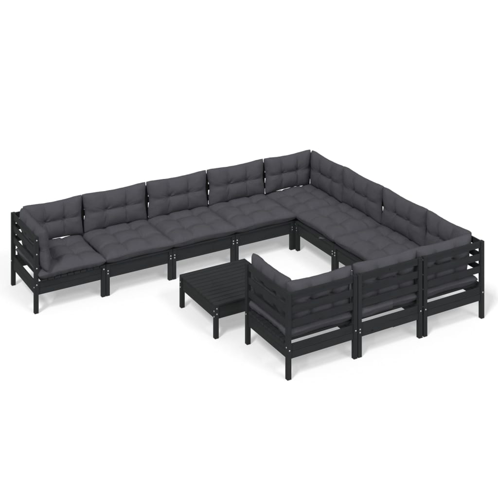 11-tlg. Garten-Lounge-Set mit Kissen Schwarz Kiefernholz