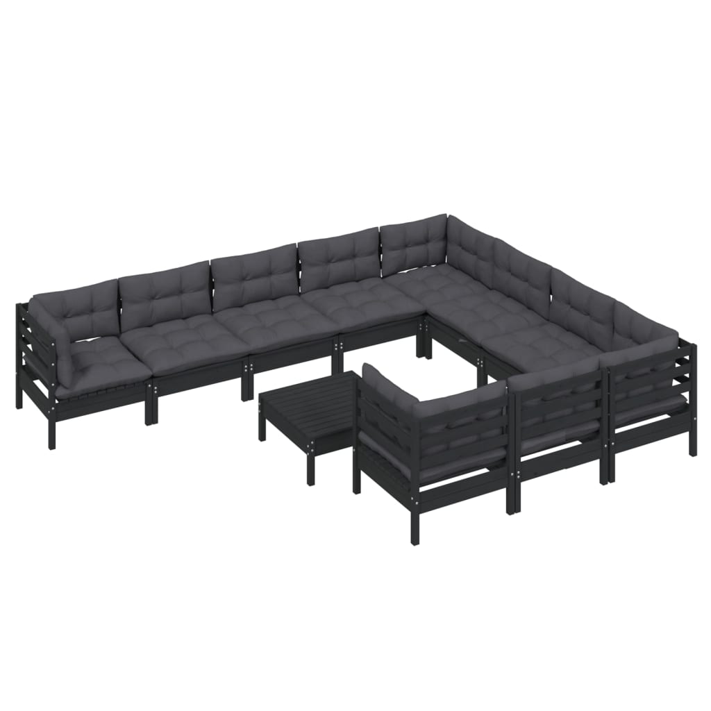 11-tlg. Garten-Lounge-Set mit Kissen Schwarz Kiefernholz