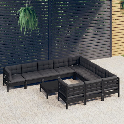 11-tlg. Garten-Lounge-Set mit Kissen Schwarz Kiefernholz