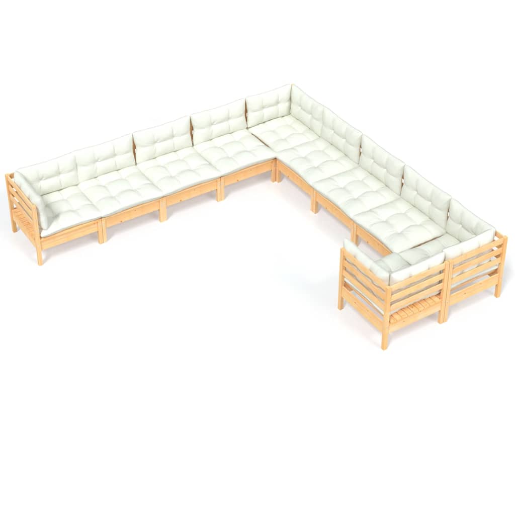 10-tlg. Garten-Lounge-Set mit Creme Kissen Kiefernholz