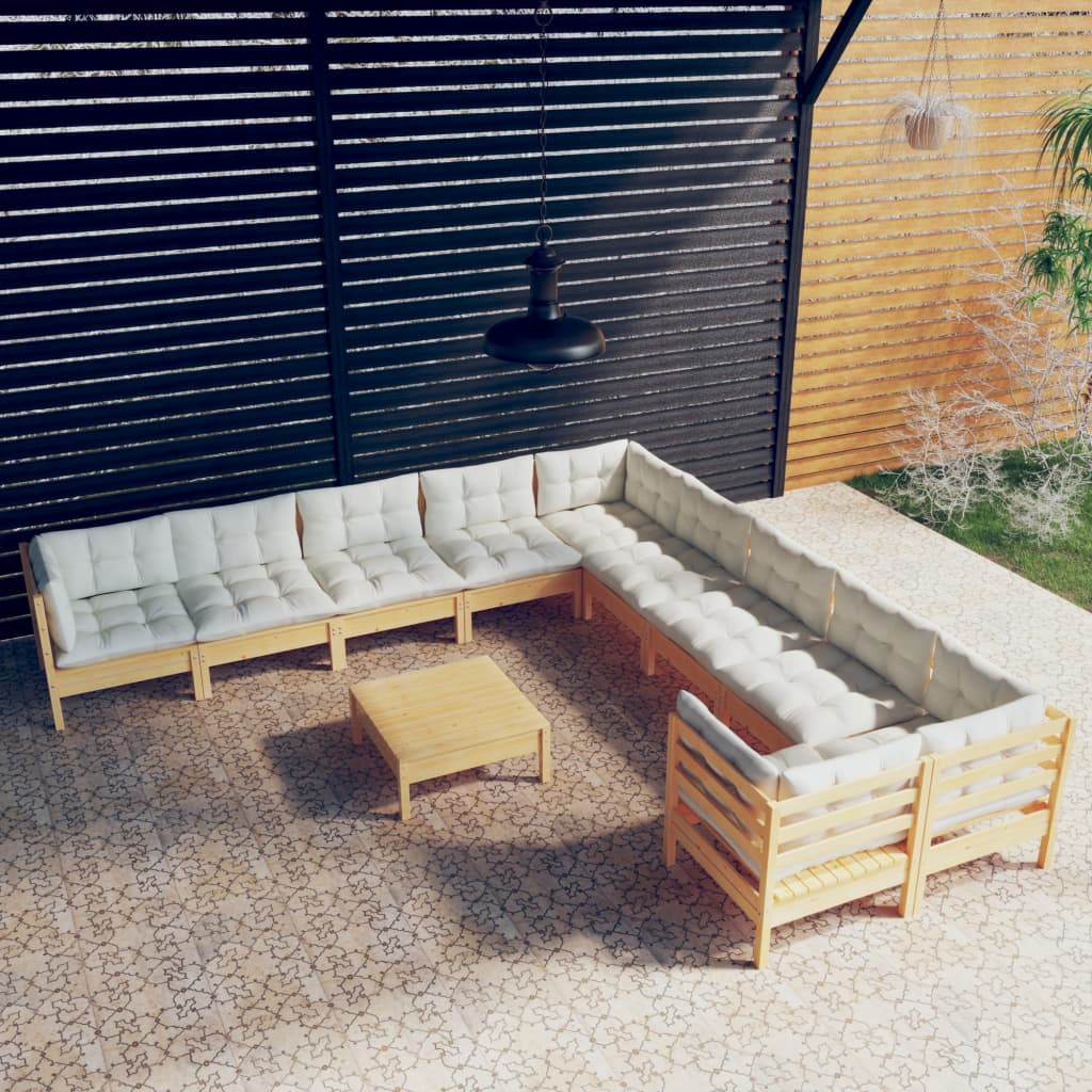 11-tlg. Garten-Lounge-Set mit Creme Kissen Kiefernholz