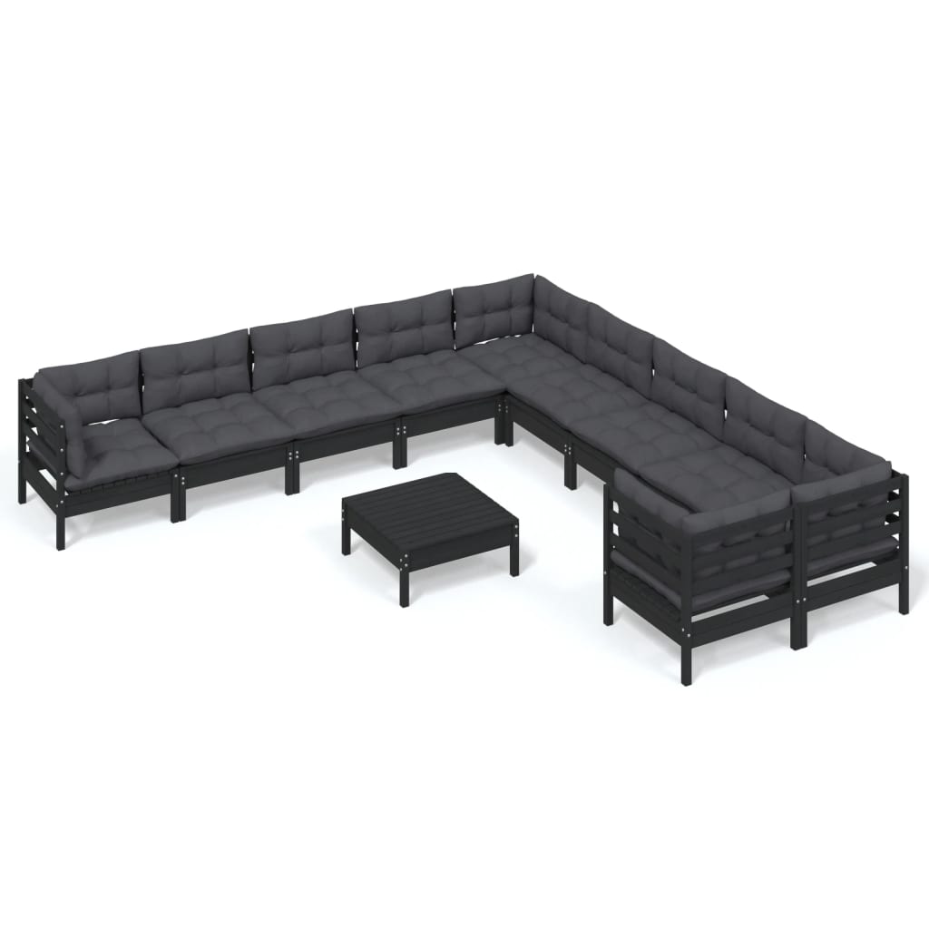 11-tlg. Garten-Lounge-Set mit Kissen Schwarz Kiefernholz