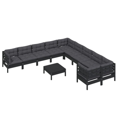 11-tlg. Garten-Lounge-Set mit Kissen Schwarz Kiefernholz