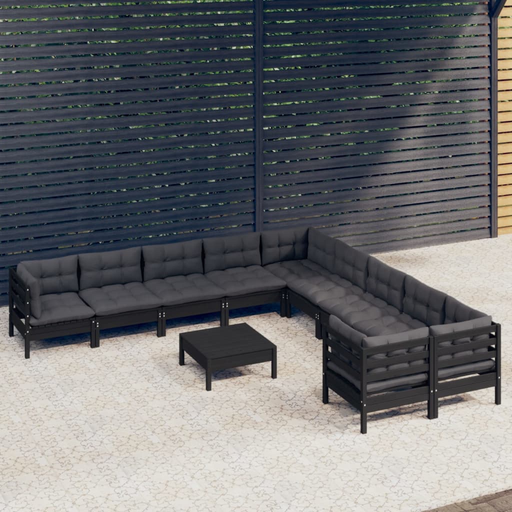 11-tlg. Garten-Lounge-Set mit Kissen Schwarz Kiefernholz