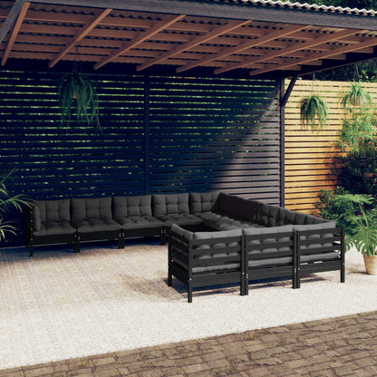 11-tlg. Garten-Lounge-Set mit Kissen Schwarz Kiefernholz