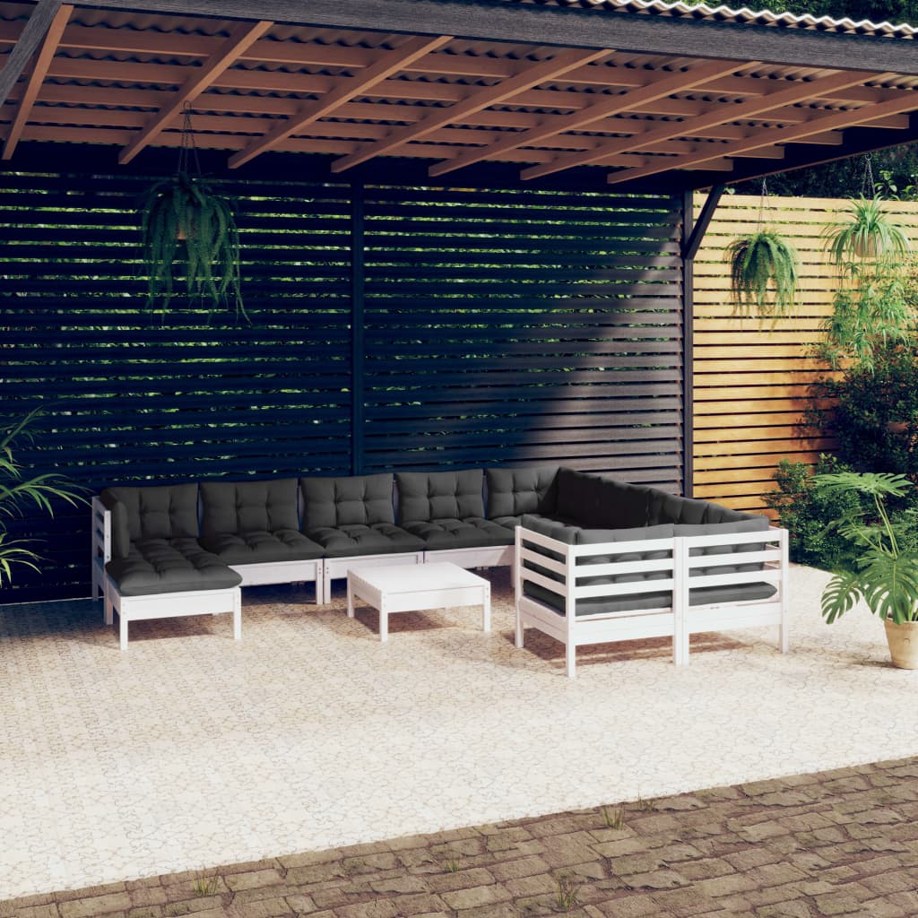 11-tlg. Garten-Lounge-Set mit Kissen Weiß Kiefernholz