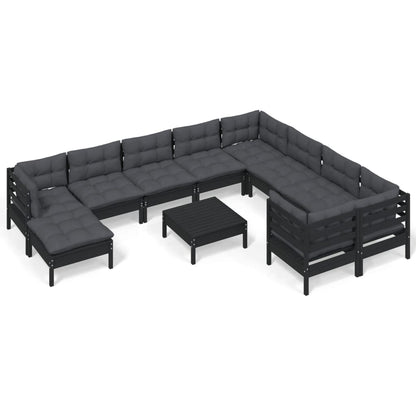 11-tlg. Garten-Lounge-Set mit Kissen Schwarz Kiefernholz