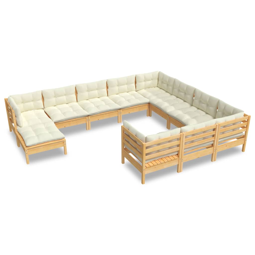 11-tlg. Garten-Lounge-Set mit Creme Kissen Kiefernholz