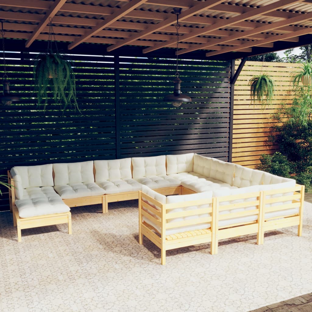 11-tlg. Garten-Lounge-Set mit Creme Kissen Kiefernholz