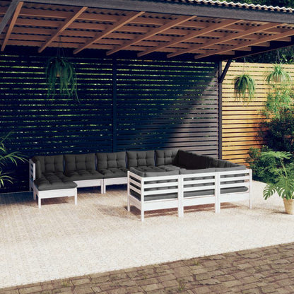 11-tlg. Garten-Lounge-Set mit Kissen Weiß Kiefernholz