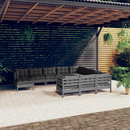 11-tlg. Garten-Lounge-Set mit Kissen Grau Kiefernholz