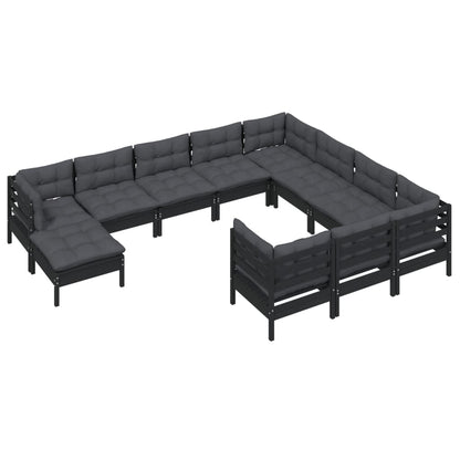 11-tlg. Garten-Lounge-Set mit Kissen Schwarz Kiefernholz