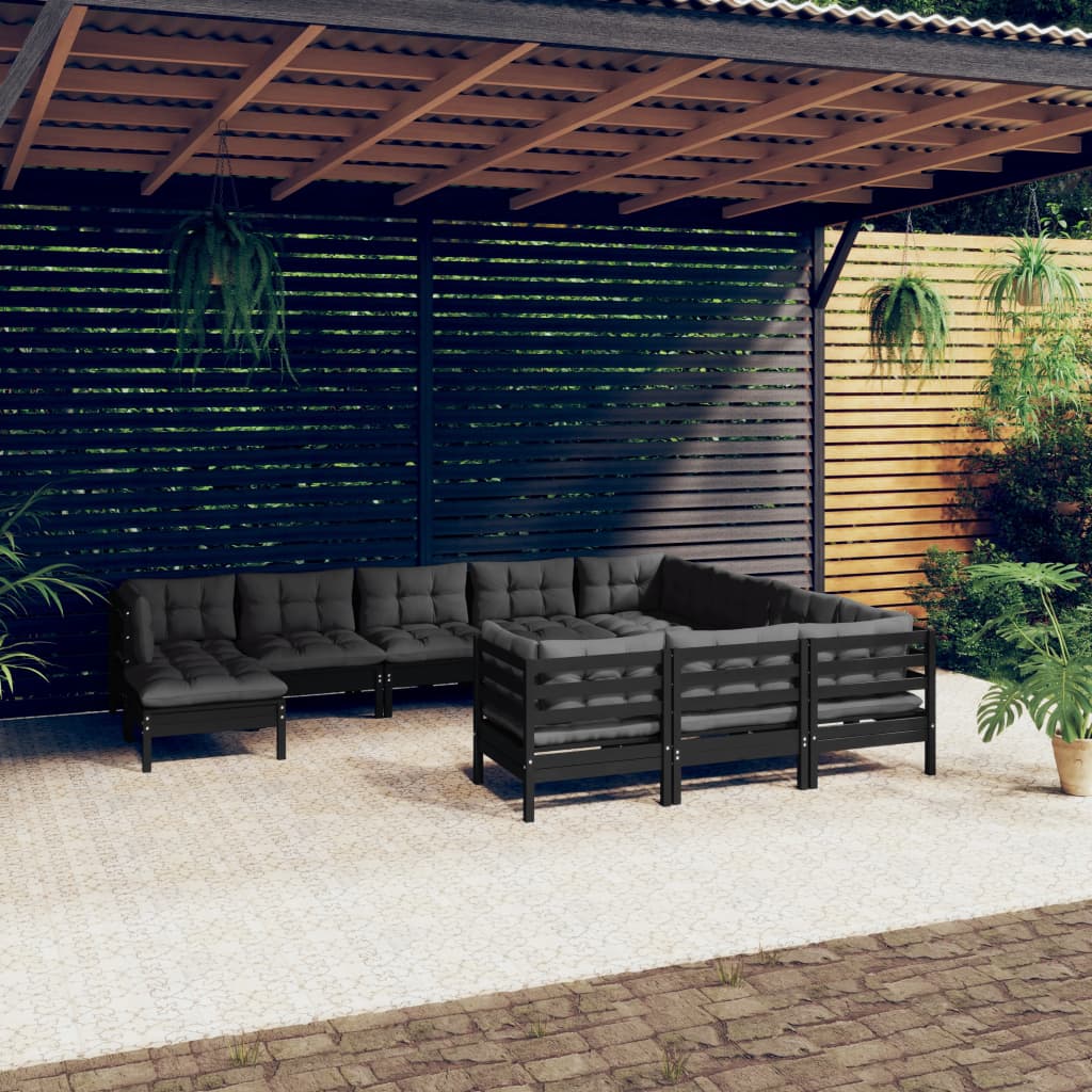 11-tlg. Garten-Lounge-Set mit Kissen Schwarz Kiefernholz