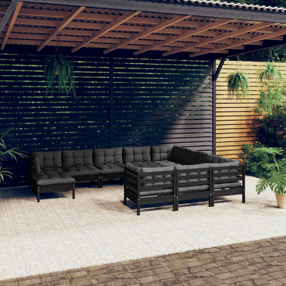 11-tlg. Garten-Lounge-Set mit Kissen Schwarz Kiefernholz